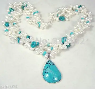 

Wholesale Natural Charming 3 row White Pearl &Turquoise Necklace Unusual Fine Bridal Silver hook Free Shipping