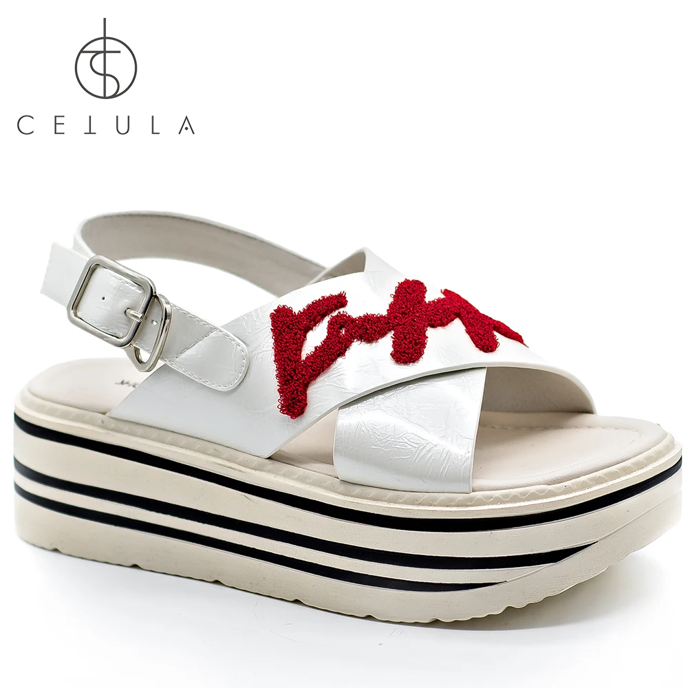 

@CETULA Summer Street Walk Series Wrinkle Finished Pear Patent Leather "FXX" Fur Fonts Women Sandals ft. Wedge Rubber Outsole