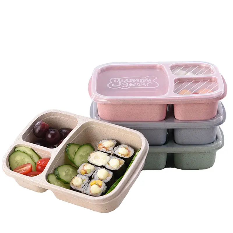 Lunch Wheat Straw Bento Box 3 Grid Lid Food Box Biodegradable Storage