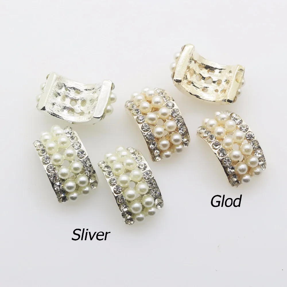 

Wholesale 10pcs 21mm*12mm Arched Ivory faux pearl Rhinestone Buttons Invitation Ribbon slider for Wedding Hair Flower Center