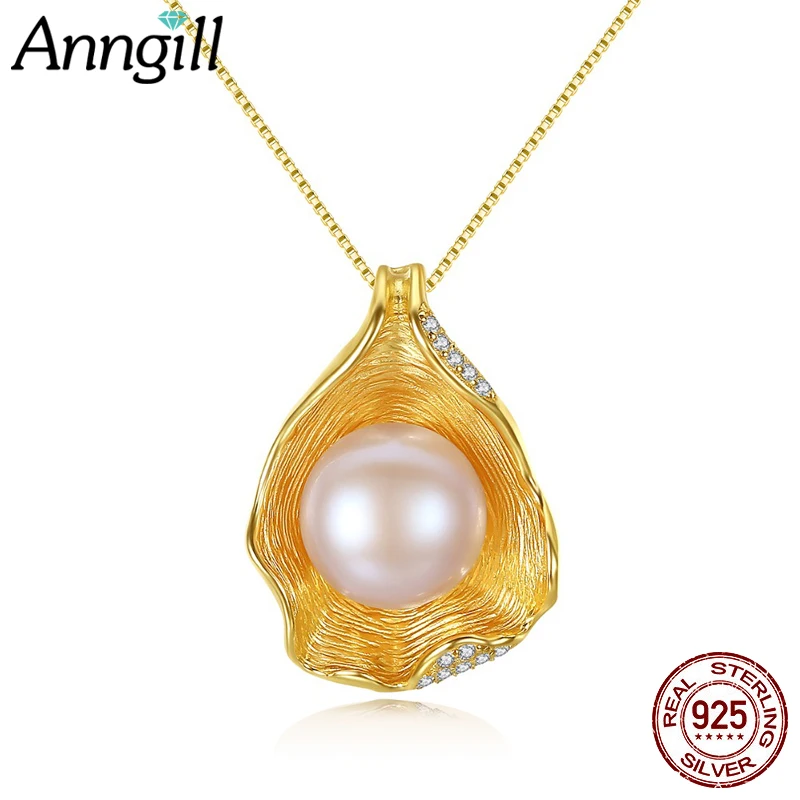 

ANNGILL 2018 Jewelry Gold Color Shell Design Charms Pendants Necklaces 925 Sterling Silver Natural Pearl Necklace Birthday Gifts