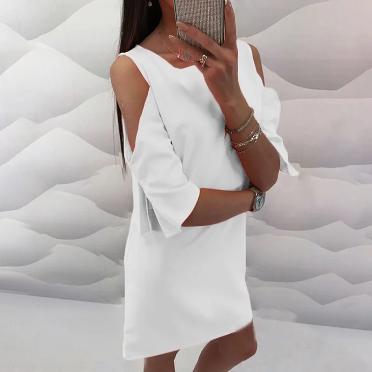 Трехшовный короткий рукав мини-платье женское однотонное пляжное летнее платье с круглым вырезом элегантное женское офисное свободное платье с кисточками на юбке - Цвет: White