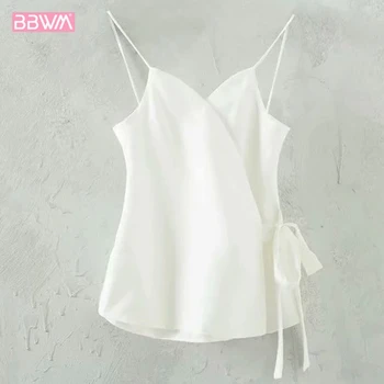 

Summer new retro cross-side bow tie strap vest blouse 2019 Sleeveless Off Shoulder White Black Simple Women's T-Shirt