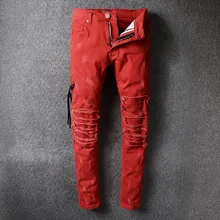 Мужские классические винтажные красные Стрейчевые джинсовые байкерские джинсы для мотоциклистов, большие размеры в стиле пэчворк, зауженные брюки, мужская мода