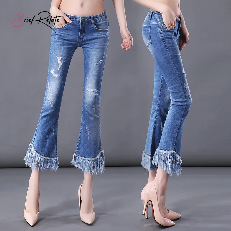 Brief Relate Women Tassel Jeans Flared Washed Pants Female