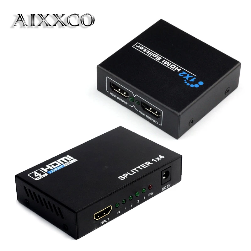 AIXXCO HDCP HDMI Splitter Full HD 1080p Video HDMI Switch Switcher 1X2 1X4 Split 1 in 2 Out Amplifier Display For HDTV DVD PS3
