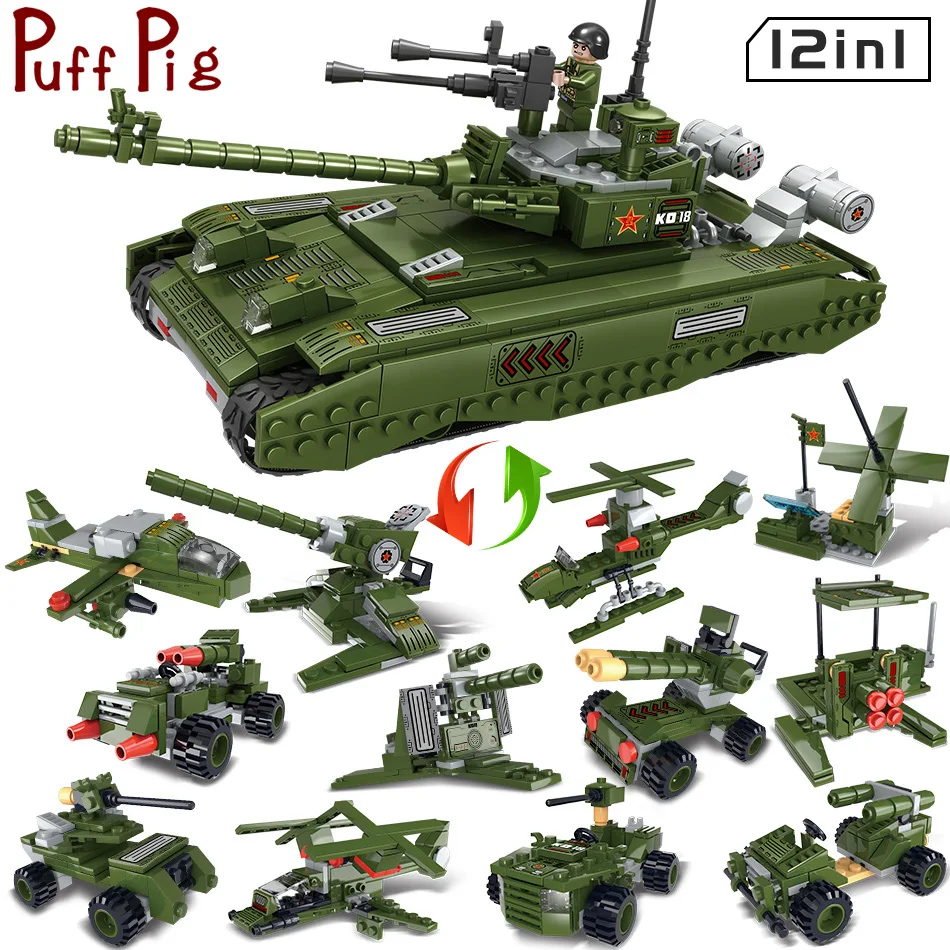 

Puff Pig 12in1 ww2 Army Vehicles Figures Building Blocks Oyuncak Military Tank Helicopter Bricks Kids Zabawki Toys For Children