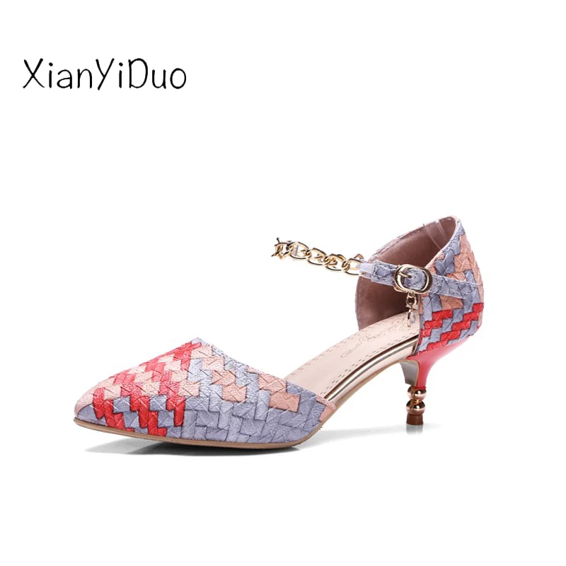 

Xianyiduo 2018 Casual Summer Women's Shoes med heels Thin Mixed Colors Sandals ankle-wrap Large Size 34-48 party fashion/A478-8
