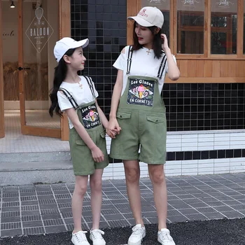 

Mother and Daughter Clothes Sets T-shirt + Overalls Jeans Belt Family Matching Outfits Summer Short Pants Mommy and Me Clothes