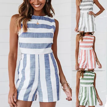 

Women Jumpsuit Casual O-Neck Striped Summer Off Shoulder Romper Women Vintage Sleeveless Linen Playsuits Female Short Jumpsuit