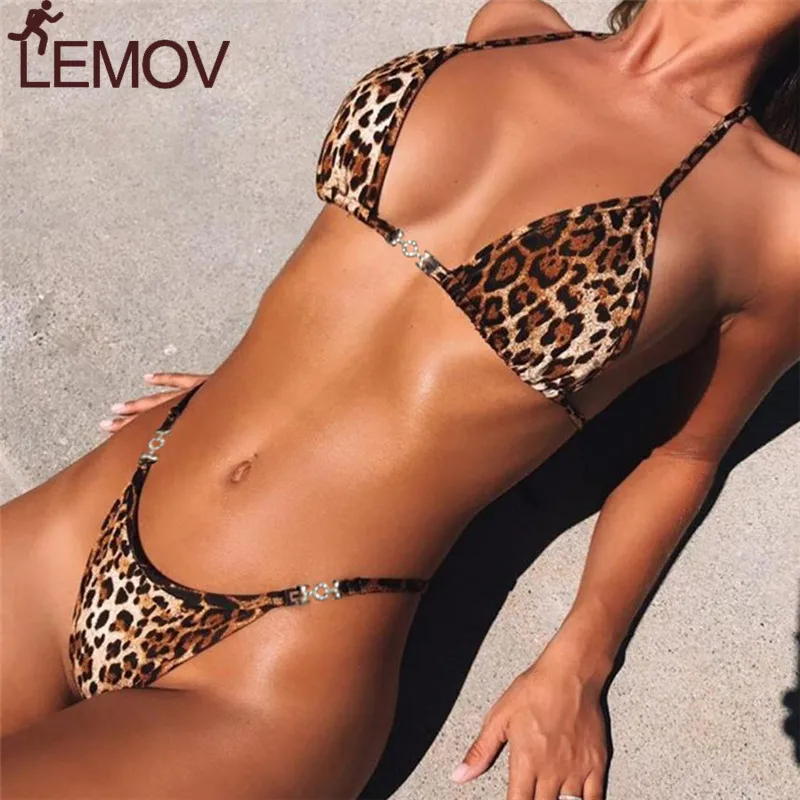

LEMOV Sexy Leopard Print Bikini Low Waist Wire Free Hanging Neck Swimsuit High Quality Polyester Elastic Fabric Bikinis Hot Sale