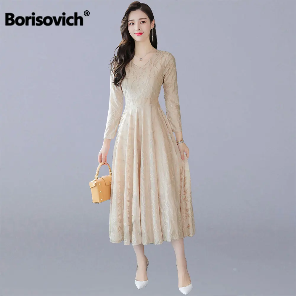 

Borisovich Women Casual Long Dress New 2019 Autumn Fashion V-neck Big Swing A-line Luxury Velvet Ladies Party Dresses P038