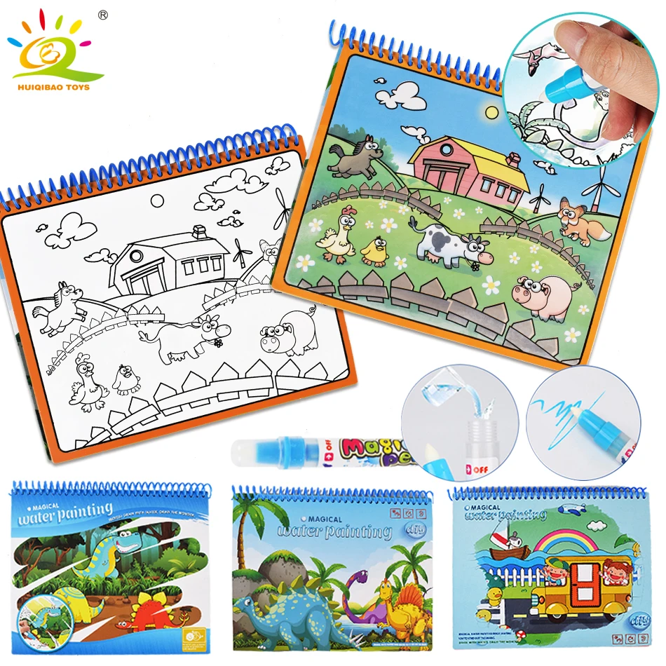 

4 Styles Cartoon Dinosaur Water Drawing Book With Magic Pen Animal Zoo Coloring Painting Board Educational Doodle Children Toys