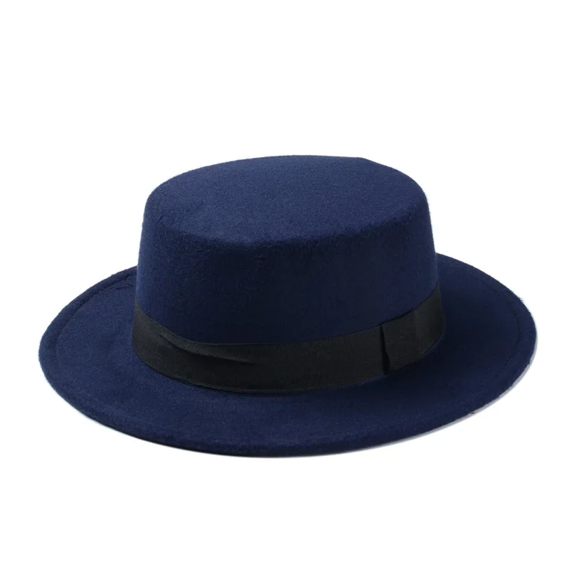 Новая мода шерсть свиной пирог канотье плоский верх шляпа для женщин мужчин фетровая шляпа с широкими полями Fedora шляпа игрока - Цвет: Dark Blue
