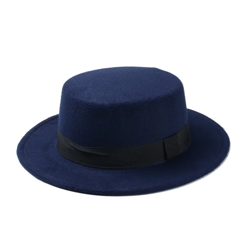Dark Blue Новая мода шерсть свиной пирог канотье плоский верх шляпа для женщин мужчин фетровая шляпа с широкими полями Fedora шляпа игрока - Цвет: Dark Blue