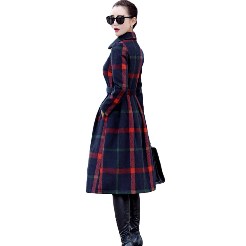 Модный Классический OL Стиль Осень Зима плед с поясом Тренч однобортный длинный рукав пальто для женщин 3XL размера плюс XH942