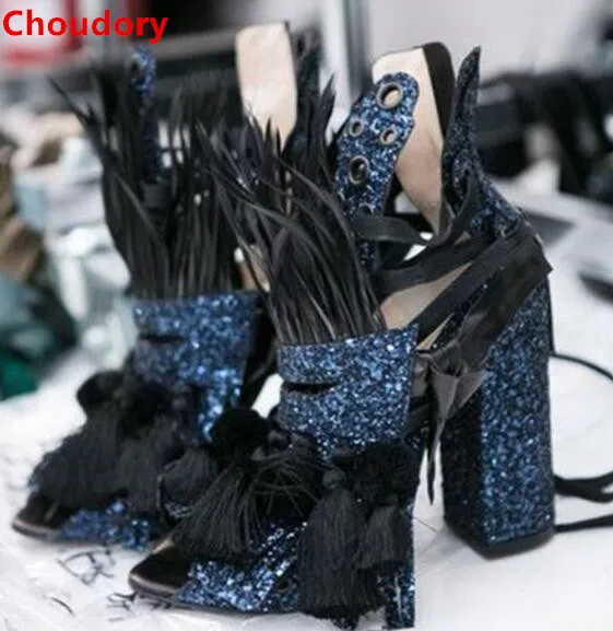 2017 Summer new arrivals bling sandals women ankle wrap high heels sandal peep toe tassels sandals fur balls ankle boots