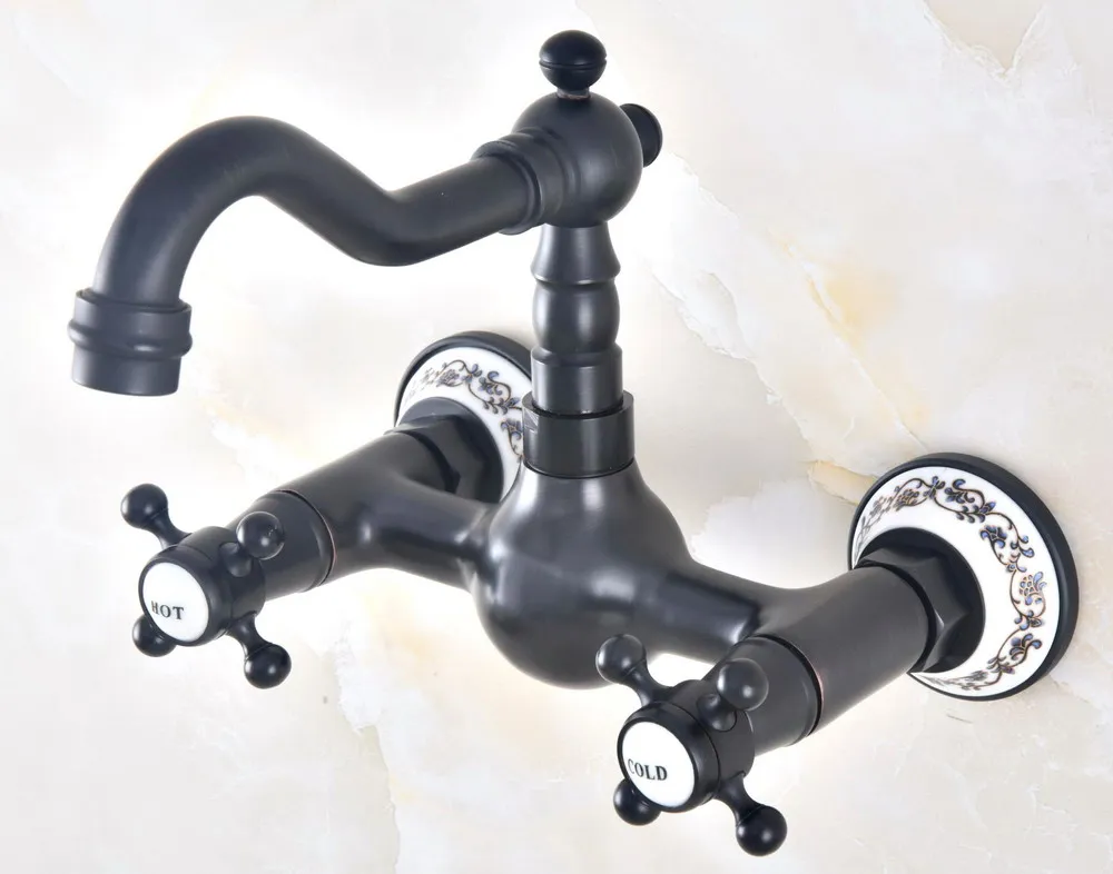Black Oil Rubbed Bronze Brass Two Cross Handles Wall Mount Swivel Spout Kitchen & Bathroom Basin Sink Faucet Mixer Tap anf473