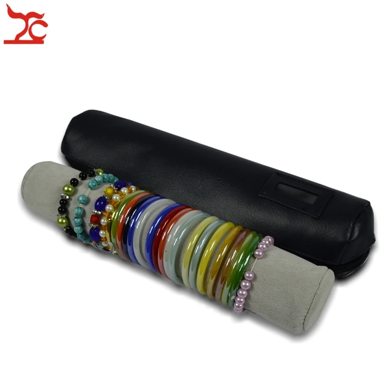 Fashion Jewelry Display Storage Case Blue Leatherette Zipper Bag Grey Velvet Bar Bracelet Holder Jewelry Organizer Roll Bag