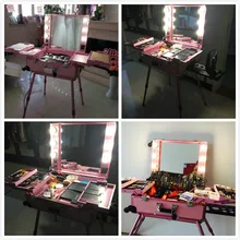 Алюминий модные визажистов коробка с светодиодный огни в четырех ногах для Beuaty чехол Профессиональный освещенные 6 цветов