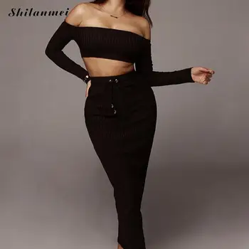 

2019 Summer Two Piece Set Women Tops And Long Skirts Set Sexy Off The Shoulder Striped Female Casual Holiday Outfits 2 Pcs Sets