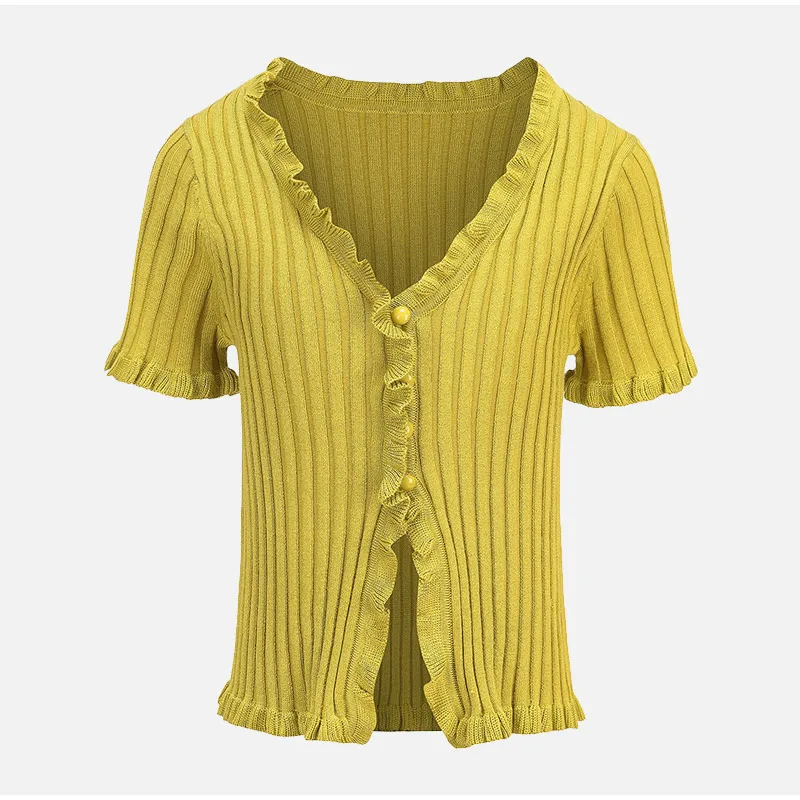 Женский вязаный кардиган в рубчик с оборками, свитер Harajuku, розовый женский короткий топ с длинным рукавом, весна, однотонная сексуальная женская одежда - Цвет: Yellow HFA8178