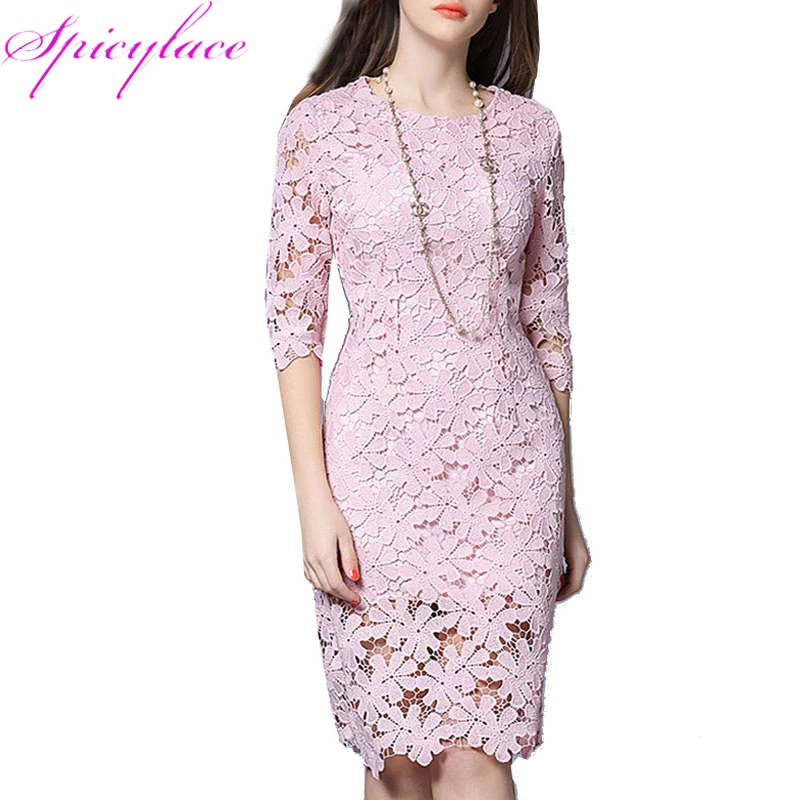 

Spicylace Ladies Vintage O neck White Lace Dress Spring Autumn Floral Elegant Wrap Dress Zipper Back Party Midi Lace Dresses