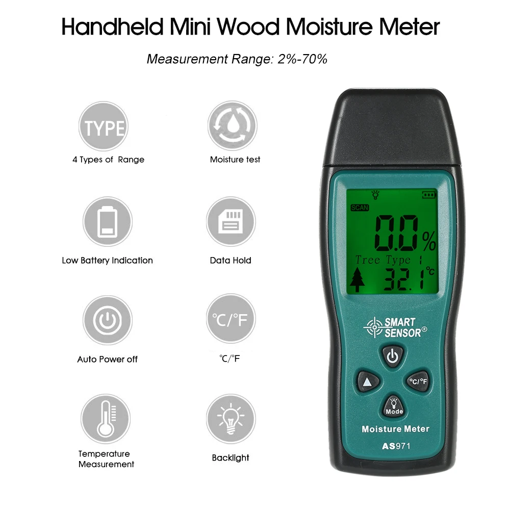 EVTSCAN MD-2G LCD Digital 2 Pin Wood Moisture Meter Detector Timber Hygrometer Humidity Tester with Blue Bag