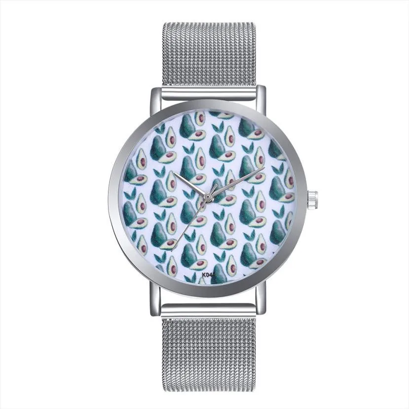 

Woman Fashion Avocado Pattern Alloy Steel Strap Analog Quartz Round Watch Quartz Wristwatches 2019 New style