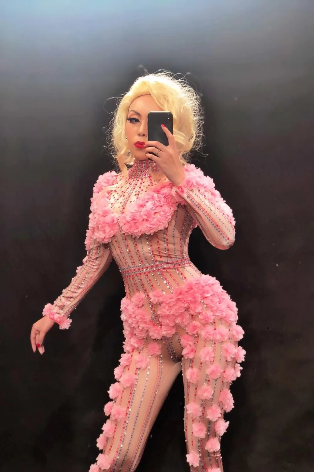

Sexy Dj Pink Flower Bodysuit Costume Evening Crystals Jumpsuit Celebrate Party Wear Singer Stage Performance gogo costumes