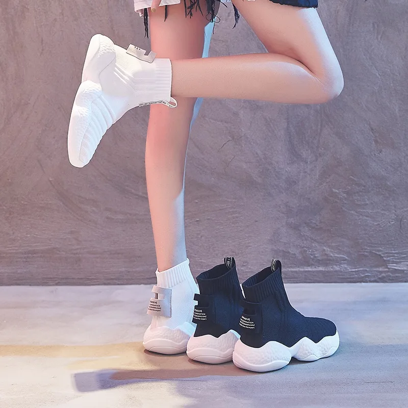 

Dumoo Girl Autumn Elastic Socks Shoes Women Sneakers Knitting Casual Boots Heel 3.5cm Platform Lady White Shoes Zapatillas Mujer