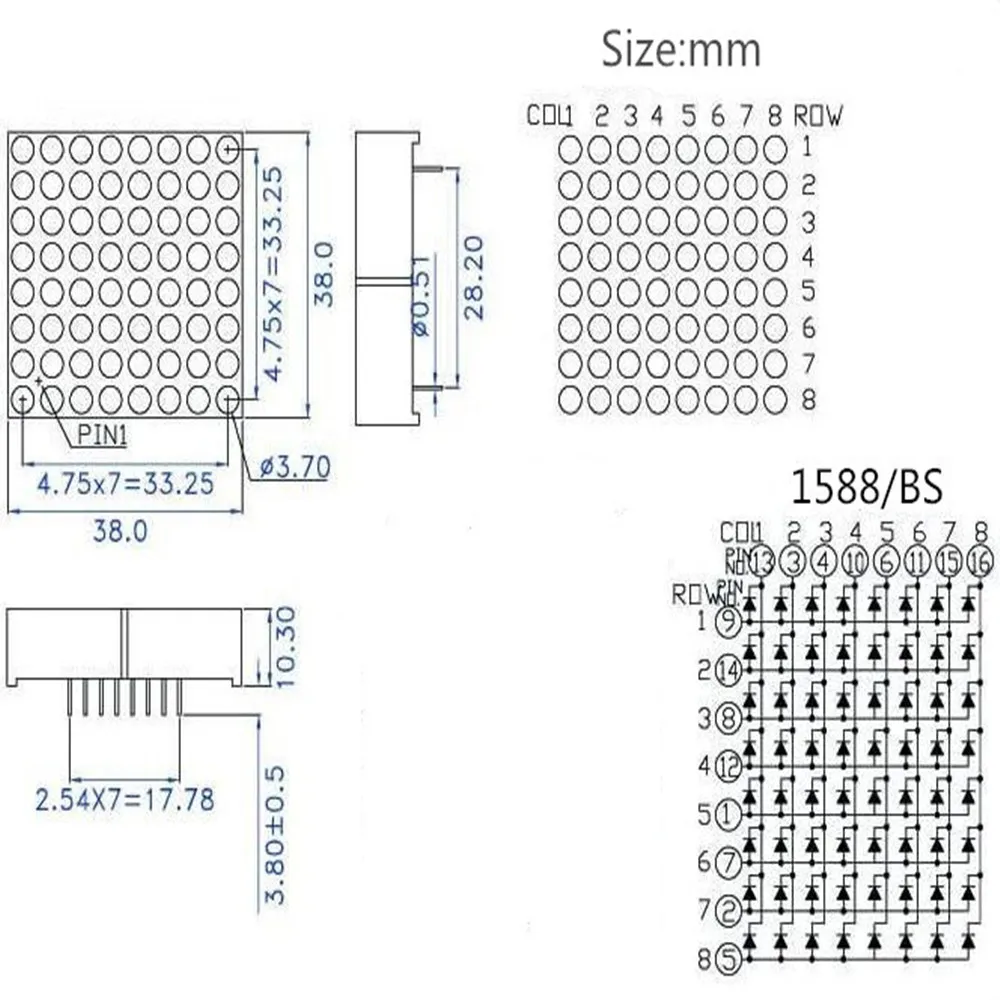 3 мм 8x8 светодио дный решетки ярко-красный матричный модуль 8x8 8*8