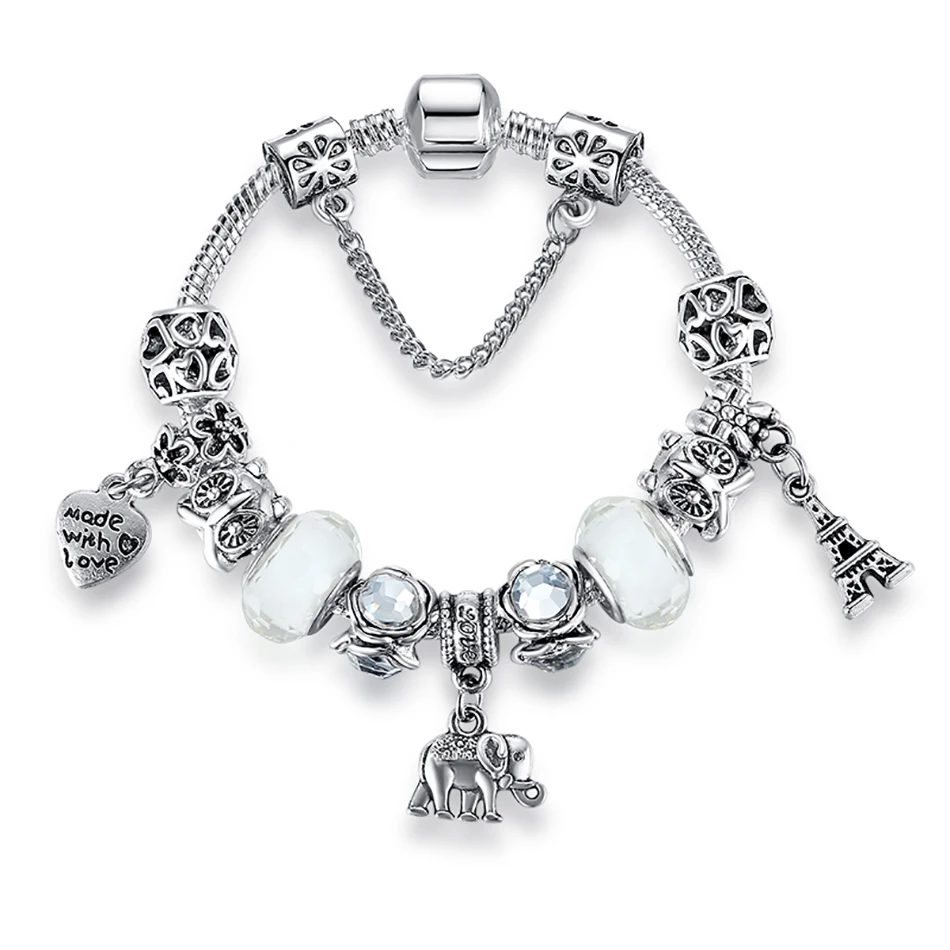 BELAWANG винтажные серебряные очаровательные стеклянные браслеты для женщин животное с кристаллами бусины в форме сердца браслеты и браслеты DIY ювелирные изделия