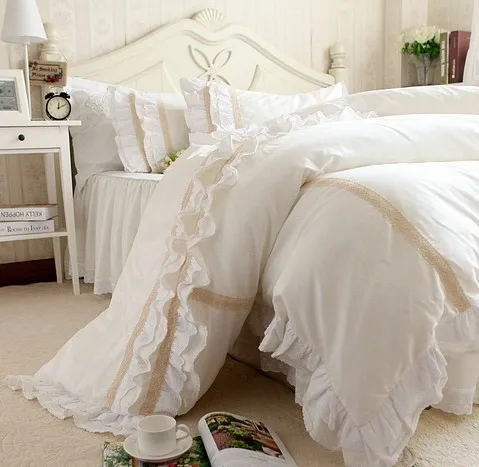 Роскошная кровать для принцессы с рюшами, комплекты из хлопка с двойным верхом, королевская ярмарка, домашнее текстильное постельное белье, юбка, наволочка, пододеяльник - Цвет: Бежевый