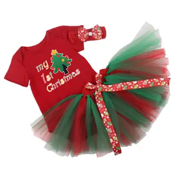 

3PCs per Set Baby Girl My First Chrismtas Romper Jingle Bell Rhinestone Tree Handmade Tutu Skirt Headband for 0-12Months