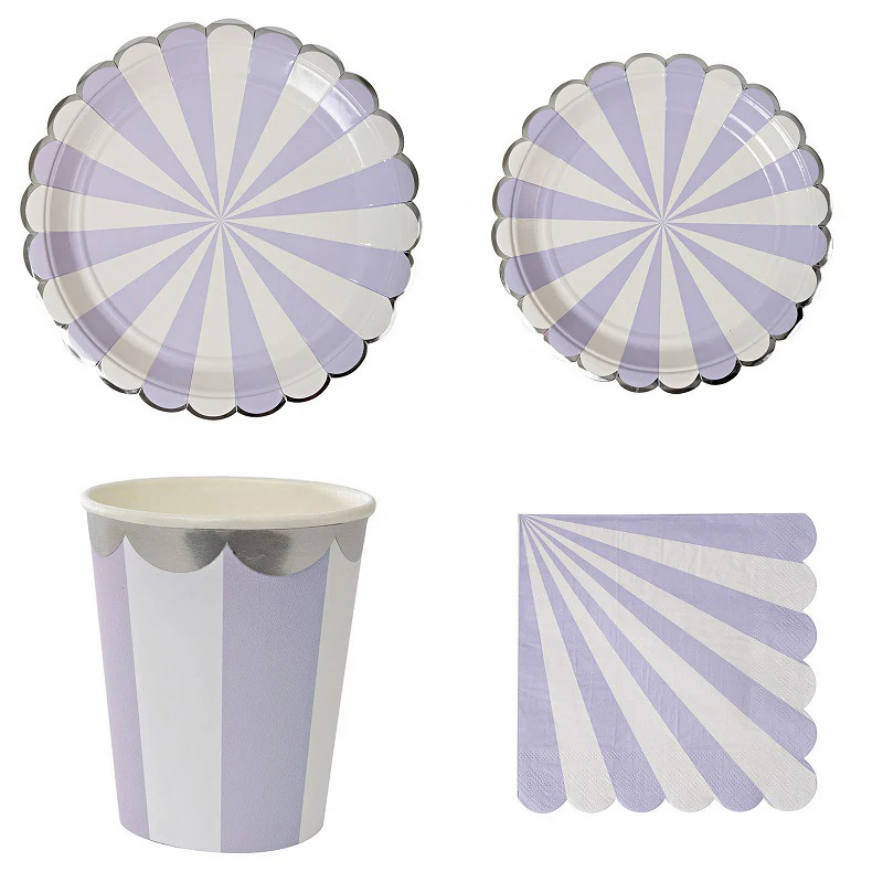

Light Purple Striped Plate cups napkins Lavendar Tableware Set For Birthday Baby Shower Kids Party School Fair Decoration Supply