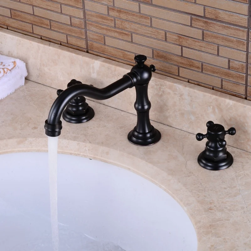 

European Antique Blacken Kitchen Facuet Tap Three Double Handle American Table Rotating Basin Faucet Kitchen Mixer Hot And Cold