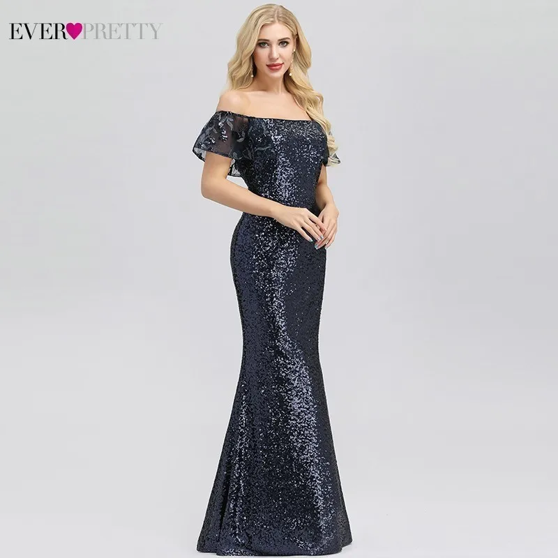 Vestidos De Gala Ever Pretty темно-синее платье русалки для выпускного вечера с открытыми плечами, с блестками и оборками, Сексуальные вечерние платья