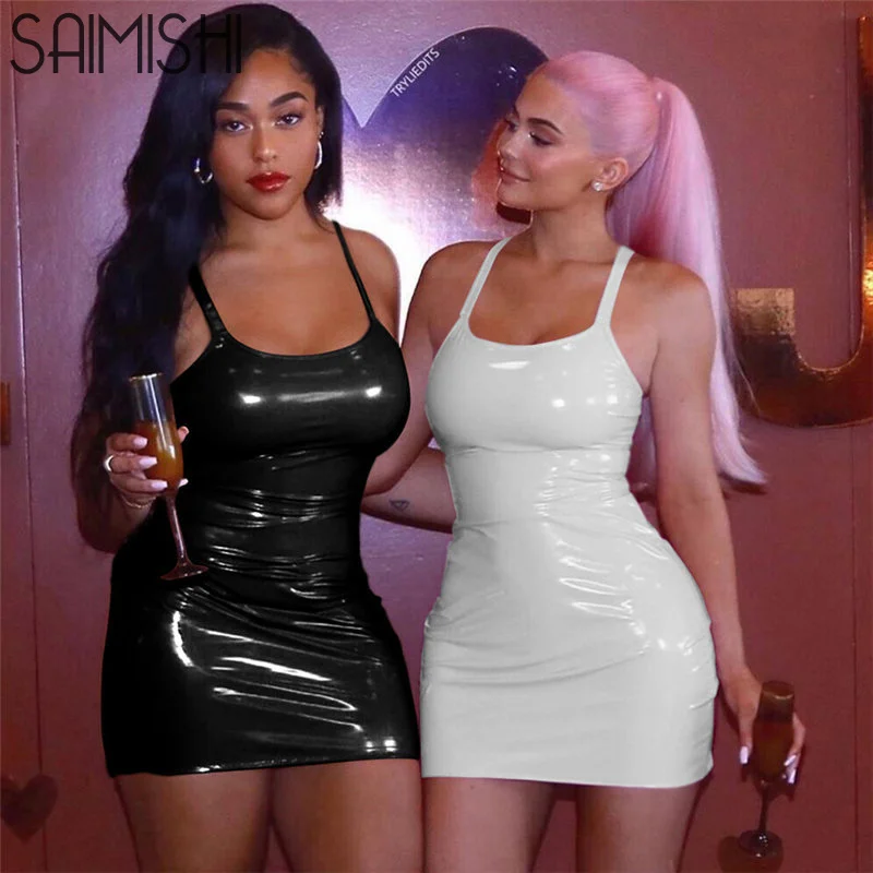 

Saimishi PU Leather Slash Neck Sleeveless High Waist Sexy Solid Bodycon Dresses Spring Autumn Women Fashion Party Club Dress