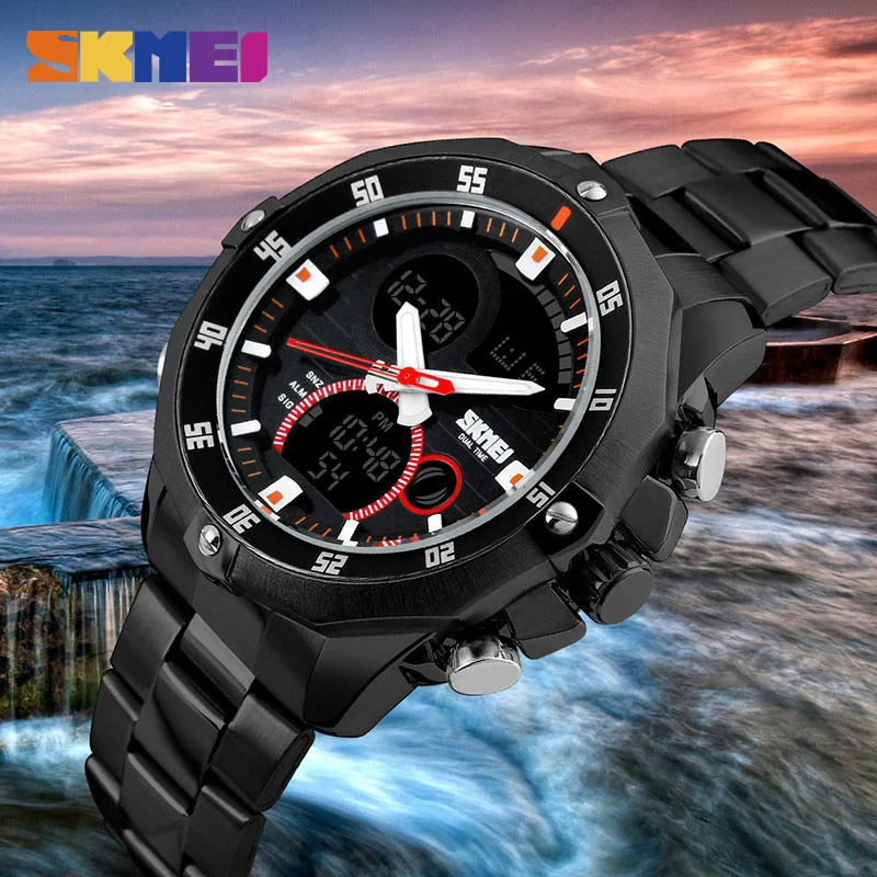 

Men Quartz Watch Waterproof LED Digital Alarm Wristwatches Stainless Steel Strap Sports SKMEI Watches Relogio Masculino male