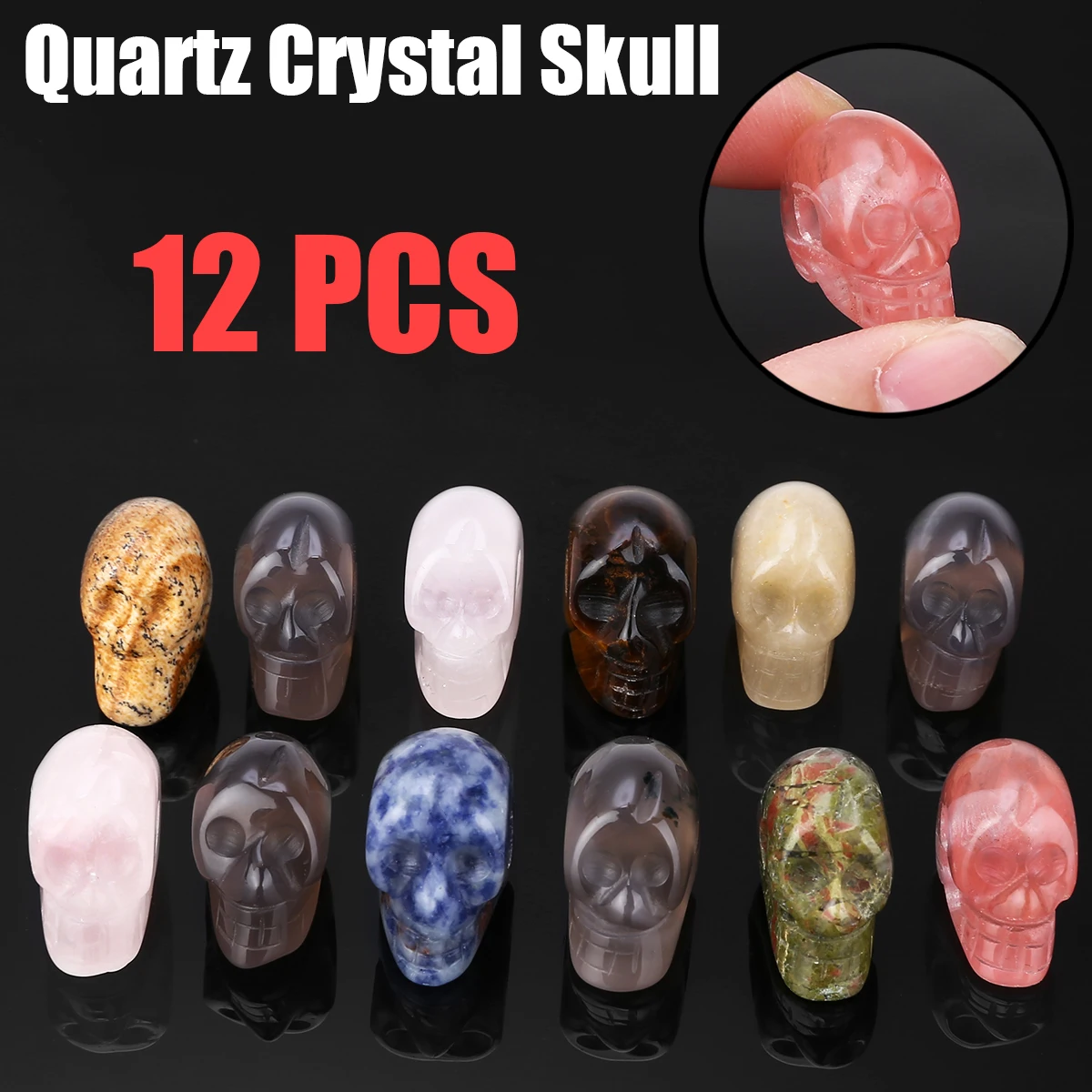 12pcs/set 12 Colors For Small Natural Quartz Crystal Stones Skull Carving Reiki Healing Stone