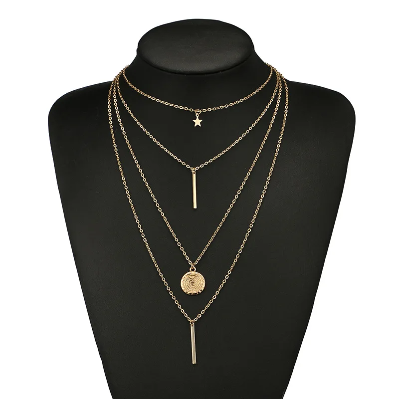 RscvonM, новинка, винтажное, бохо, многослойное ожерелье с кулоном для женщин, Золотая Звезда, рога, металлическое ожерелье, племенное, серебряное ожерелье, воротник
