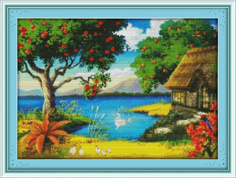 

Needlework,11/14ct DMC color Cross stitch,Set For Embroidery kits Apple Tree Cottage Printed Pattern Cross-Stitch Wall Decor