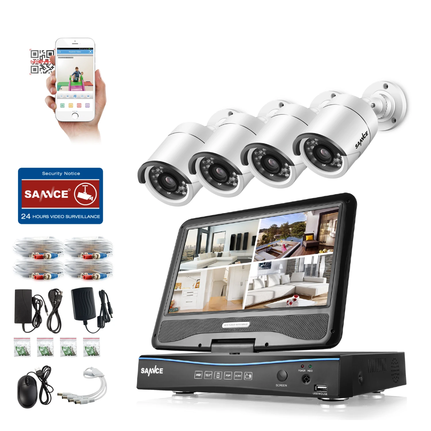

SANNCE 8CH 720P Security DVR with Build-in 10.1" LCD Monitor and 4pcs 1.0MP Surveillance Wired Cameras