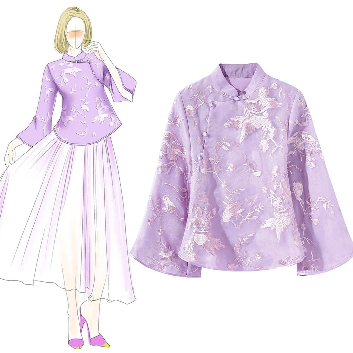 

Vintage Women Embroidery Flower Flare Sleeve Shirt High Quality Mandarin Collar Tang Top Clothing Oriental Girl Office Clothes