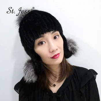 

ST.Jessi 2019 Women Hat Real Knitted plush Mink Fur Hat Fox Fur Ball Pompom Thick Warm Big Size Earmuffs Beanies Caps