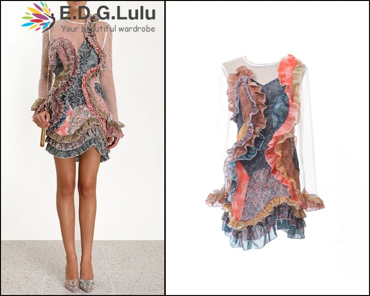 

EDGLulu white lace dress runway 2019 summer high quality ruffle long sleeve bodycon dress