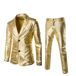 Бренд Для мужчин покрытием золото костюм комплект из 2 предметов куртки + брюки мужские спортивные пиджаки комплекты платье-пиджак