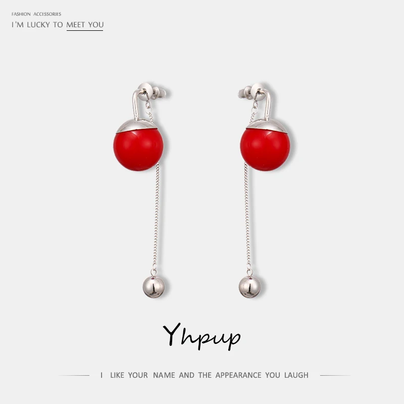 

Yhpup S925 Fashion Trendy Red Imitation Pearls Dangle Earrings Long Tassel Copper Earrings for Women Bride Wedding Gift Jewelry