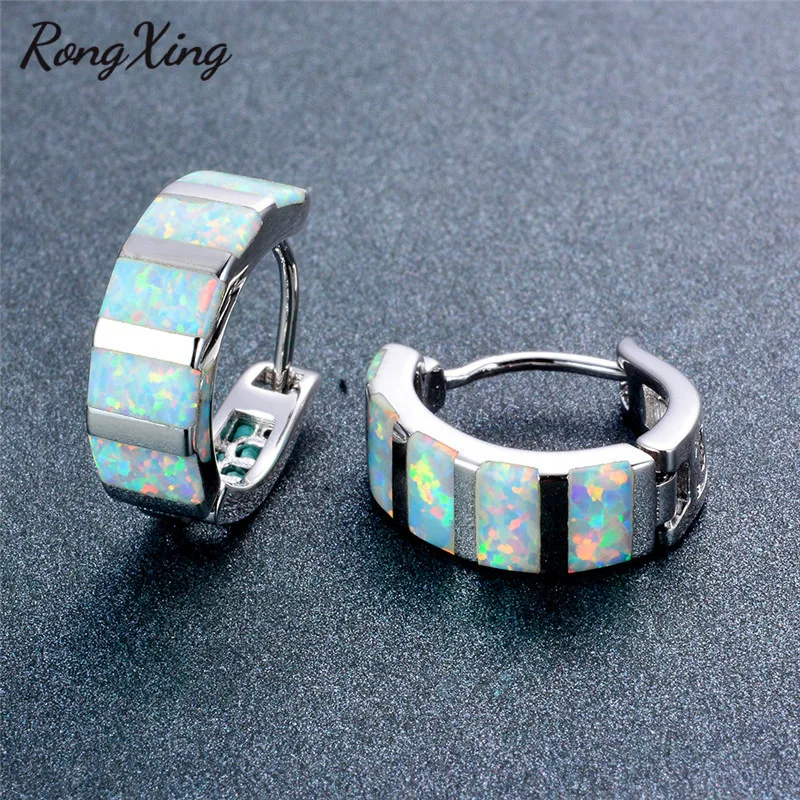 Женские серьги кольца с опалом RongXing Серебристые белым/синим огненным модные